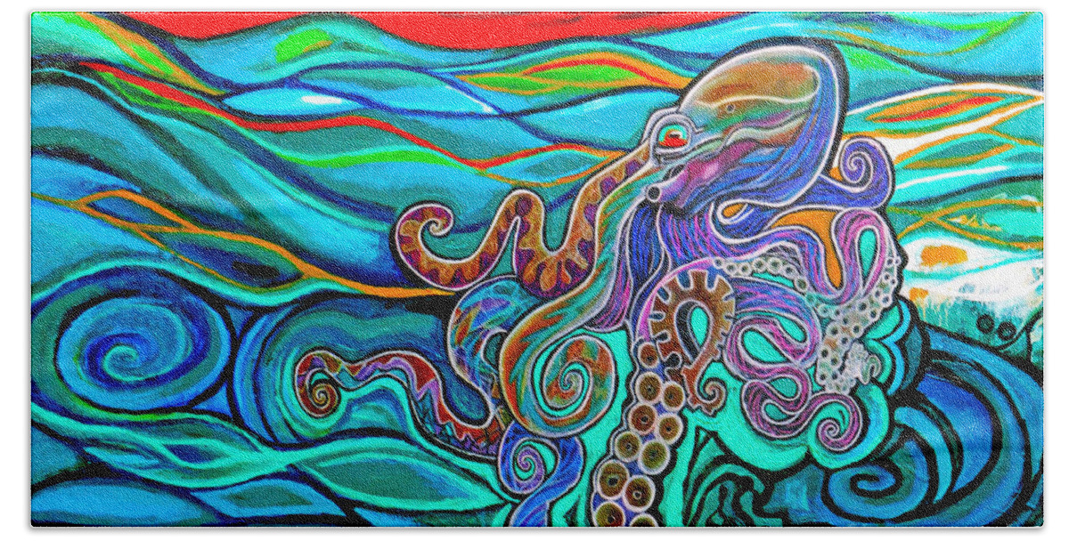 Animal Beach Towel featuring the painting Octopus At Sunset by Genevieve Esson