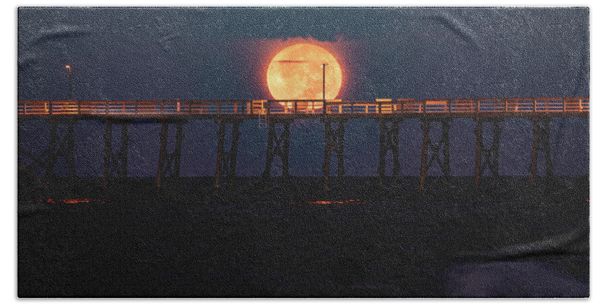 Fullmoon Beach Towel featuring the photograph OKI Pier Moonset by Nick Noble