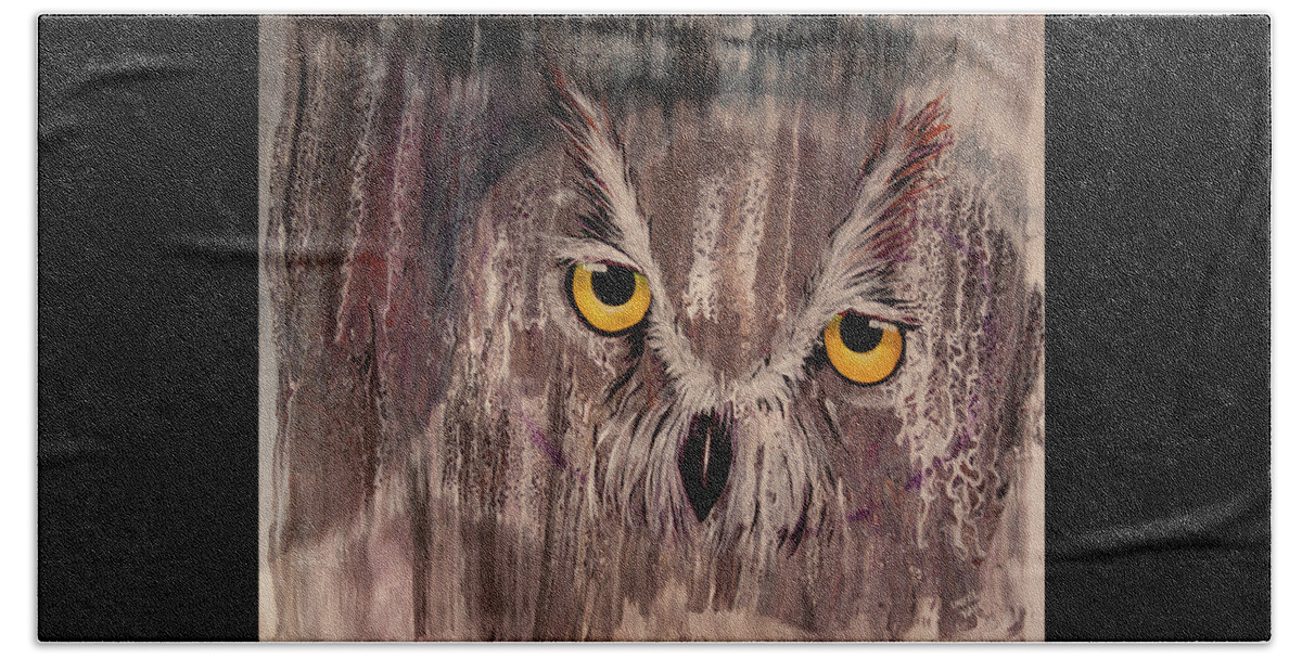 Owl Beach Towel featuring the painting OL Rainy Day Owl by Laurel Bahe