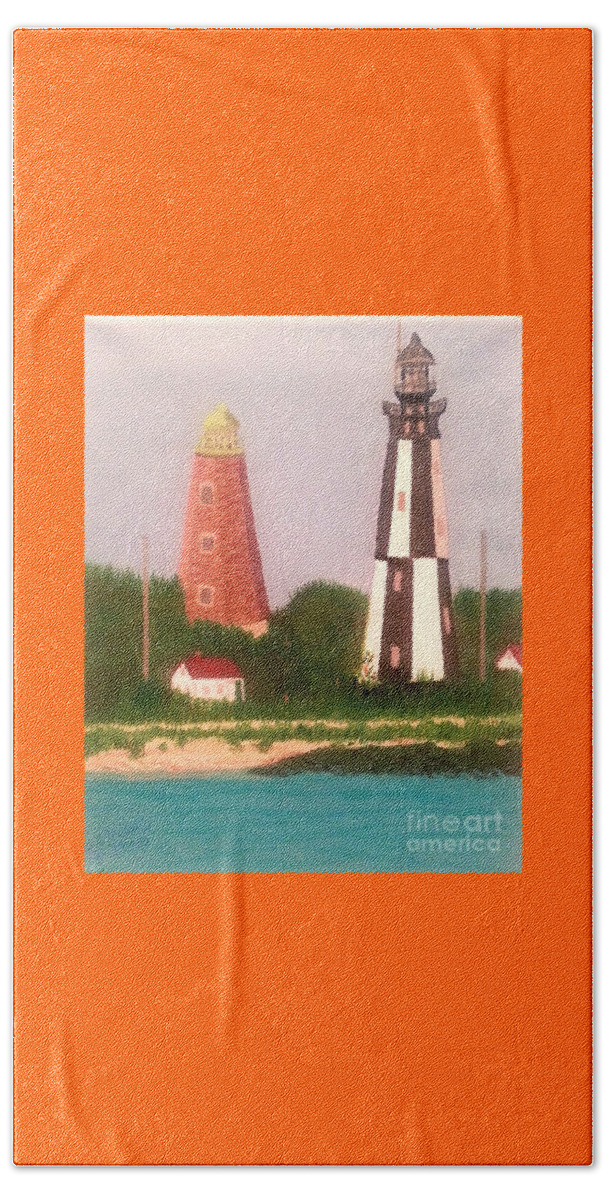 Original Beach Towel featuring the painting Old and New Cape Henry Lighthouses, Virginia by Elizabeth Mauldin