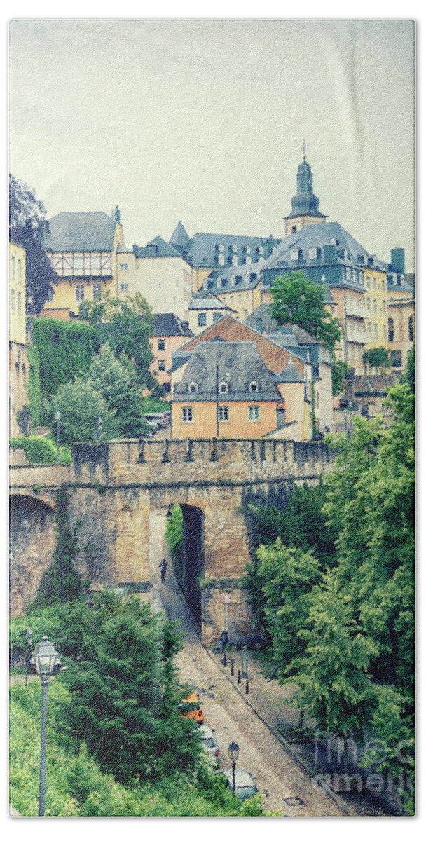 Alzette Beach Towel featuring the photograph old city Luxembourg from above by Ariadna De Raadt