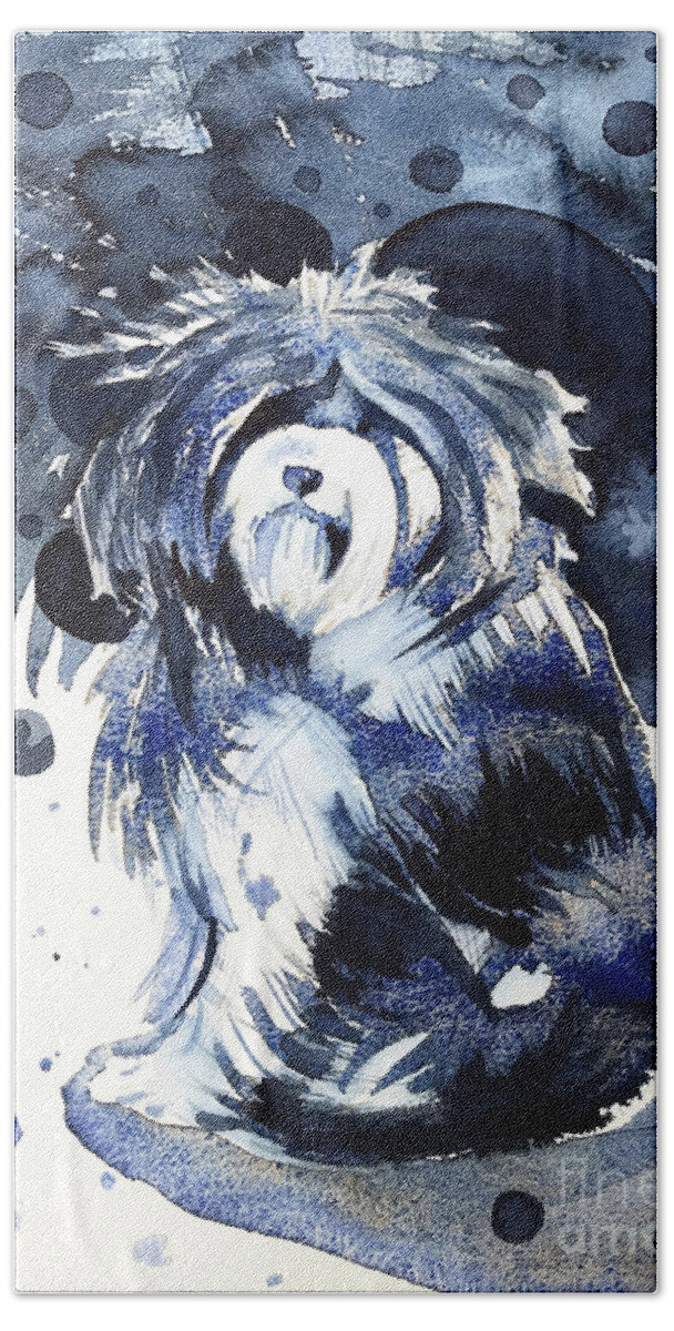 Old English Sheepdog Beach Towel featuring the painting Old English Sheepdog by Zaira Dzhaubaeva