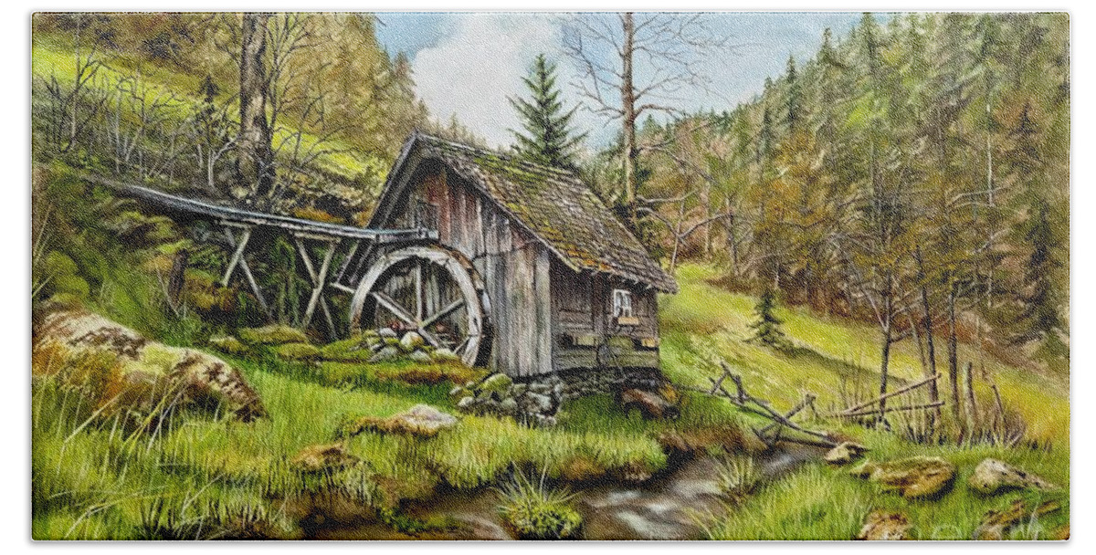 Landscape Beach Towel featuring the painting Old Mill by a Creek by Jeanette Ferguson