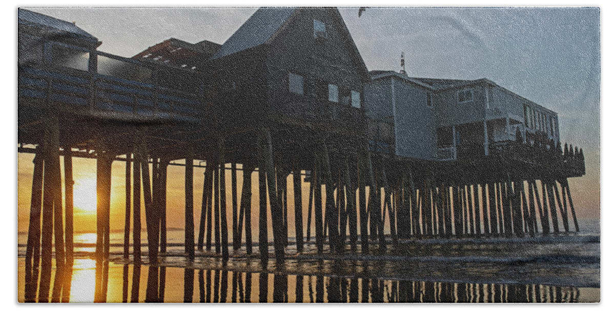 Old Beach Towel featuring the photograph Old Orchard Beach Maine Sunrise at the Pier by Toby McGuire