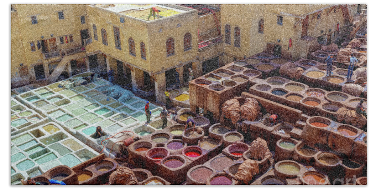 Fez Beach Towel featuring the photograph Old tanneries of Fez, Morocco by Louise Poggianti