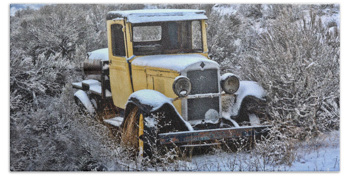 Vintage Beach Sheet featuring the photograph Old Yellow Truck by Vivian Martin