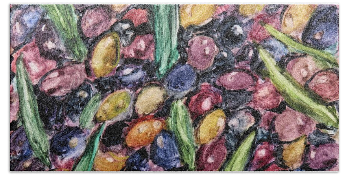 Olive Beach Sheet featuring the painting Olives Ready for Pressing by Laurie Morgan