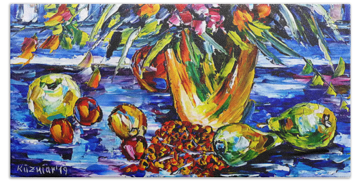 Palette Knife Oil Painting Beach Towel featuring the painting On The Garden Table by Mirek Kuzniar