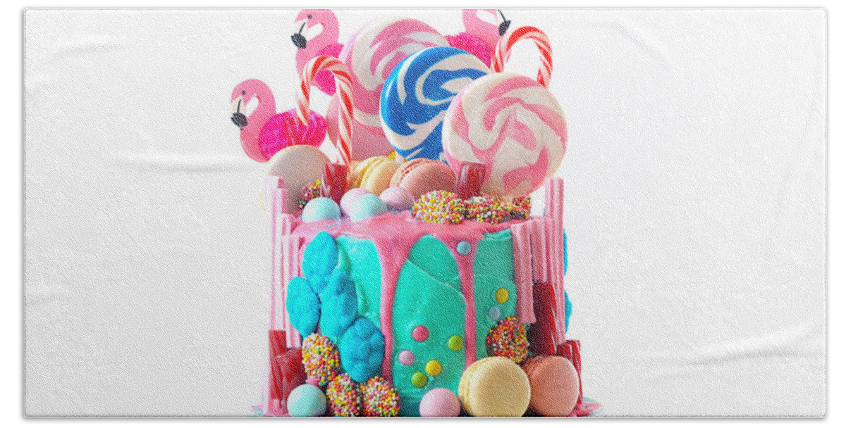 Birthday Beach Towel featuring the photograph On trend candyland fantasy drip novelty birthday cake by Milleflore Images