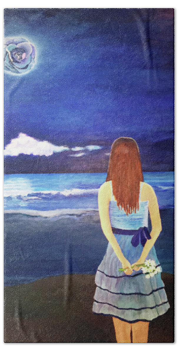 Night Time Sky Beach Towel featuring the painting Once In A Blue Moon by Thomas Blood
