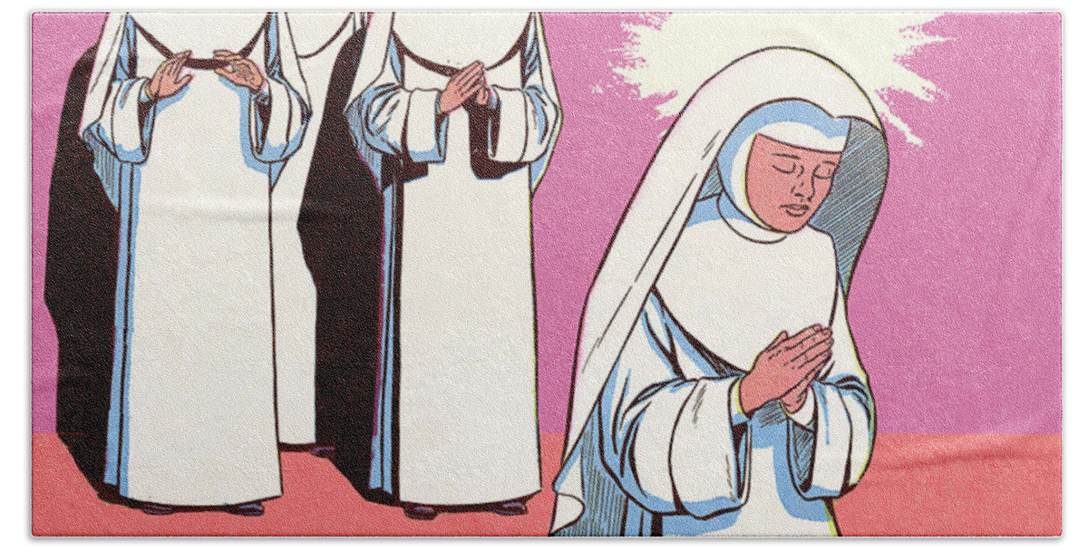 Adult Beach Towel featuring the drawing One Nun Praying Near Group of Nuns by CSA Images
