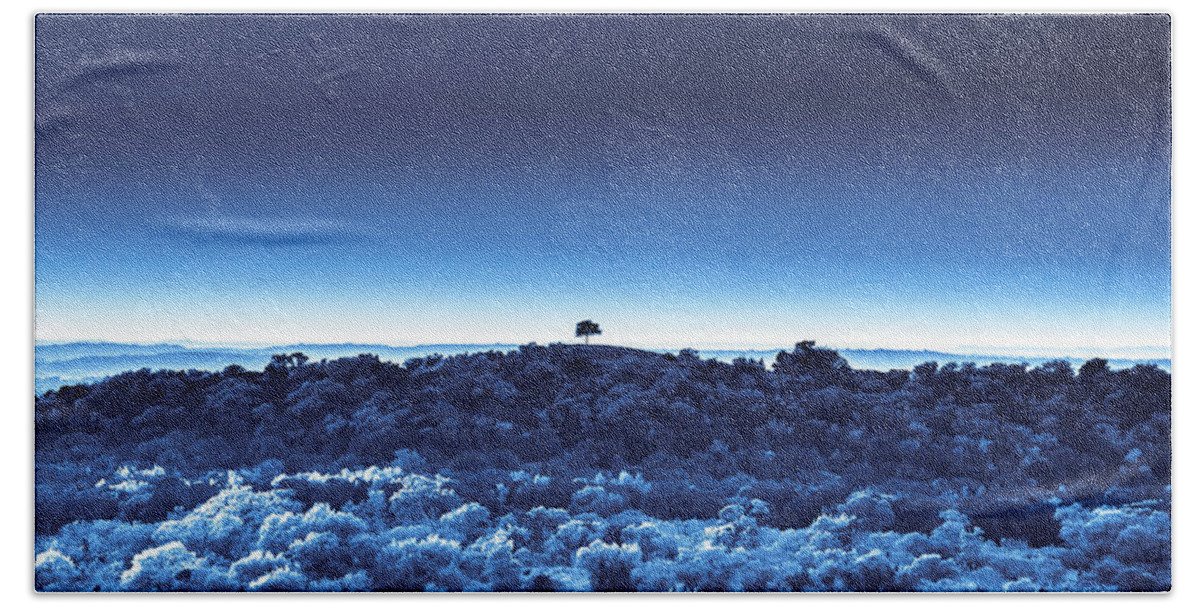  Beach Towel featuring the digital art One Tree Hill - Blue - 3 by Darryl Dalton