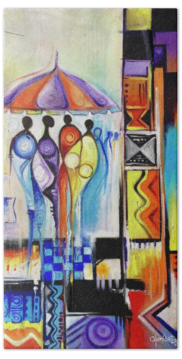 Africa Beach Sheet featuring the painting One Umbrella by Olumide Egunlae