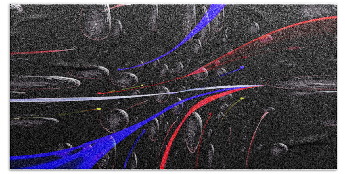 Red Beach Towel featuring the mixed media Orbs in Space Abstract by Debra Kewley