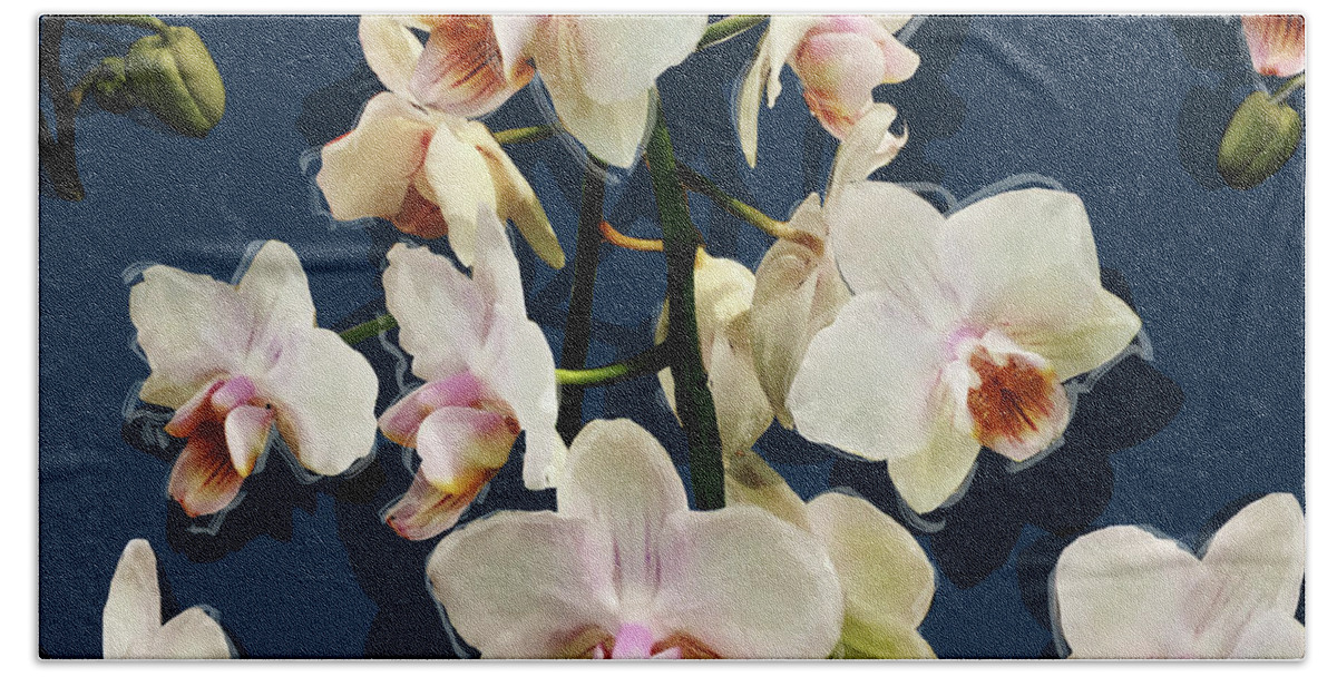Glory Beach Towel featuring the mixed media Orchids - on dark blue by BFA Prints