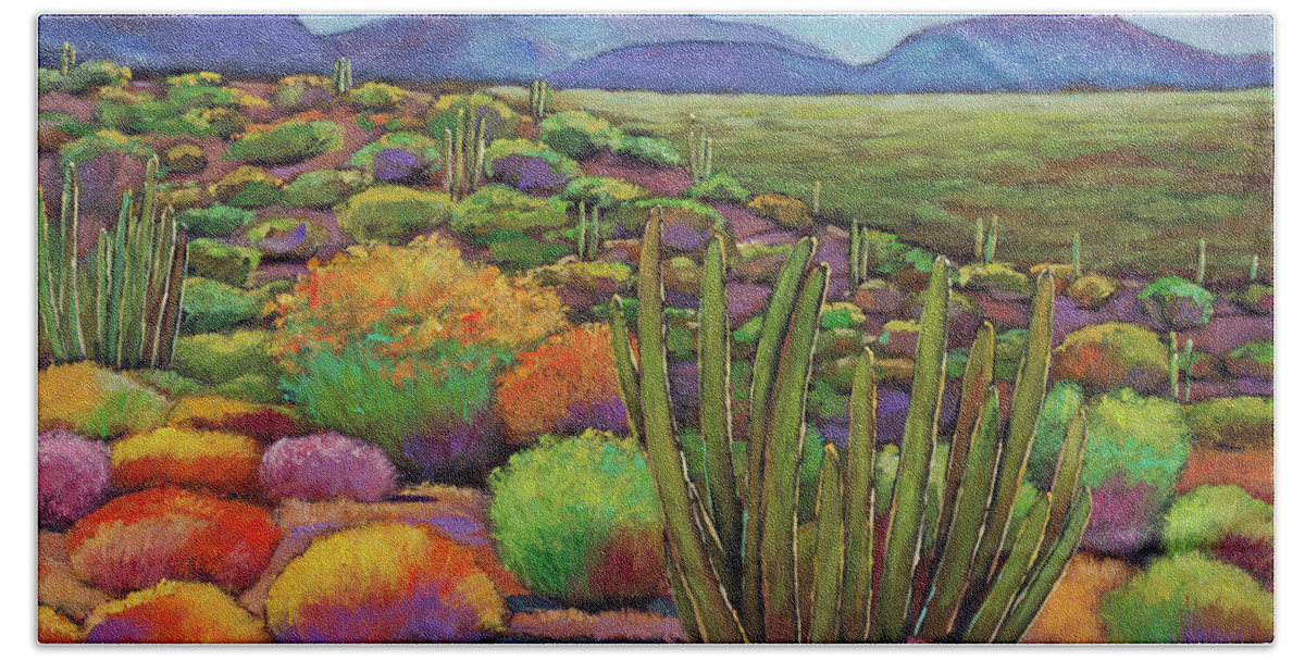 Desert Landscape Sonoran Desert Organ Pipe Organ Pipe National Monument Organ Pipe Cactus Southwest Art Contemporary Southwest Cactus Tucson Arizona Cactus Art Saguaro Organ Pipe National Park Blues Flowers Yellows Contemporary Art Johnathan Harris Expressive Colorful Contemporary Jonathan Harris Expressive Vivid Vibrant Color Desert Wildflowers Tucson Phoenix Reds Yellows Blue Mountains Desert Wildflowers Vivid Colorful Art Southwest Desert Art Jonathon Harris Beach Towel featuring the painting Organ Pipe by Johnathan Harris