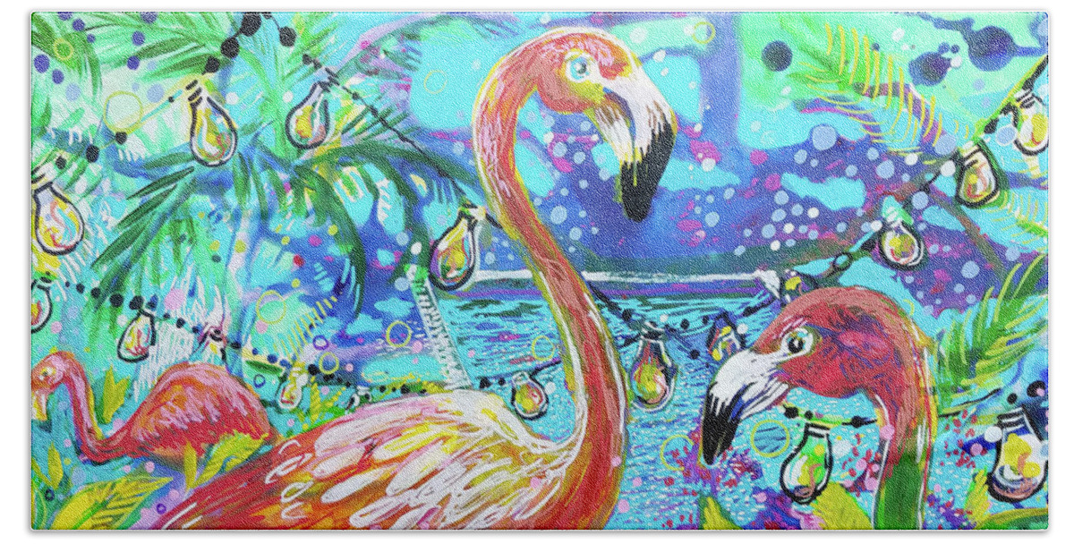 Flamingo Beach Towel featuring the painting Outdoor flamingo party by Tilly Strauss