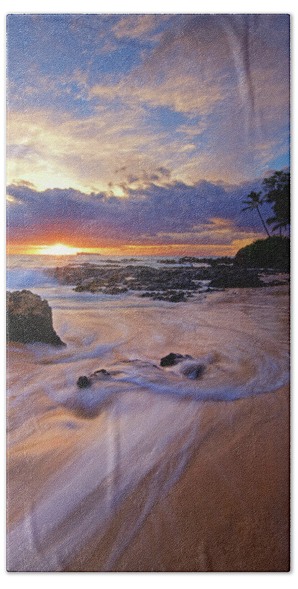 Sunset Maui Hawaii Seascape Clouds Palmtrees Beach Towel featuring the photograph Paako Sunset by James Roemmling