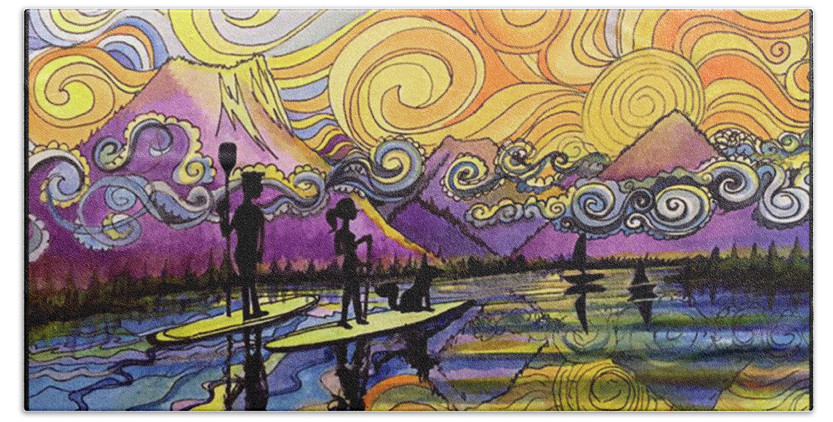 Frisco Beach Sheet featuring the painting Paddleboarders Frisco Colorado by David Sockrider