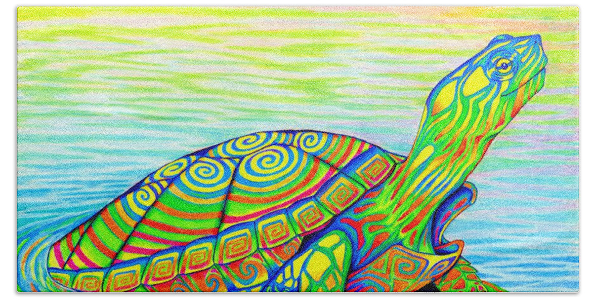 Turtle Beach Towel featuring the drawing Psychedelic Neon Rainbow Painted Turtle by Rebecca Wang