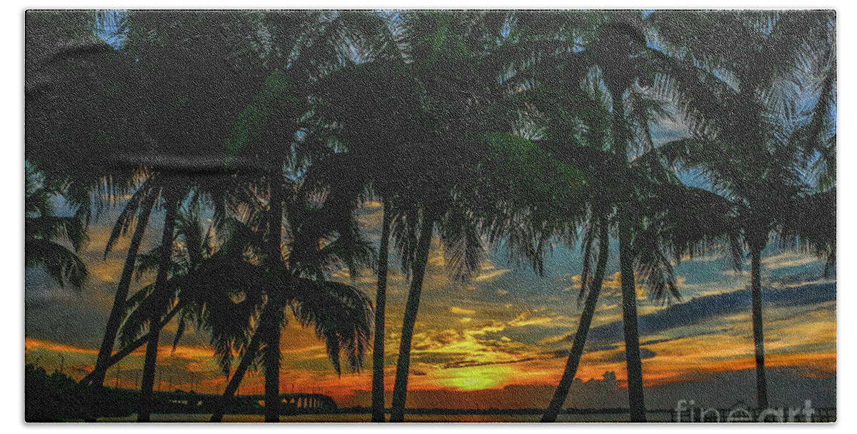 Palms. Palm Beach Sheet featuring the photograph Palm Tree Lagoon Sunrise by Tom Claud