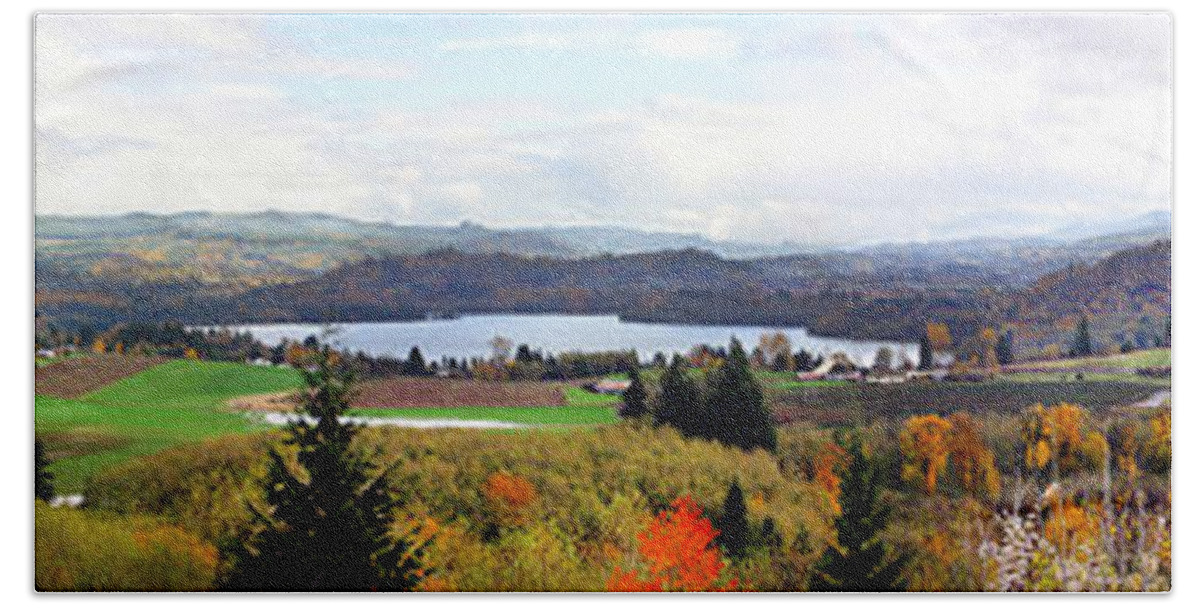 Summer Beach Towel featuring the photograph Panorama long lake valley houses barns fields Christmas trees farms cattle reservoir meadow fall by Robert C Paulson Jr