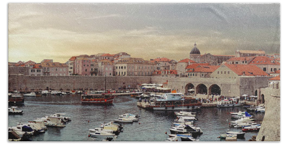 Croatia Beach Towel featuring the photograph Panorama of the port of the old city of Dubrovnik by Steve Estvanik