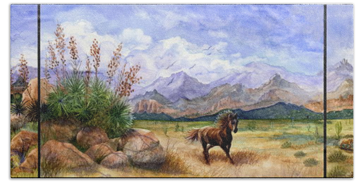 Mustang Beach Towel featuring the painting Panorama Triptych Don't Fence Me In by Marilyn Smith
