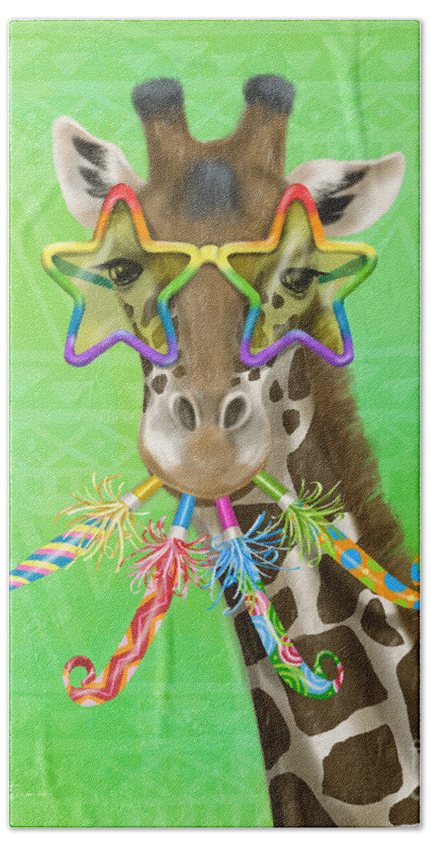 Giraffe Beach Towel featuring the mixed media Party Safari Giraffe by Shari Warren