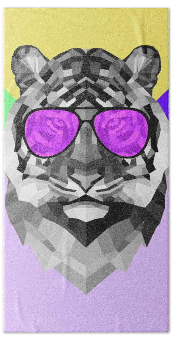 Tiger Beach Towel featuring the digital art Party Tiger in Glasses by Naxart Studio