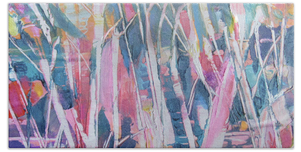 Abstract Beach Towel featuring the painting Pastel Forest by Jean Batzell Fitzgerald