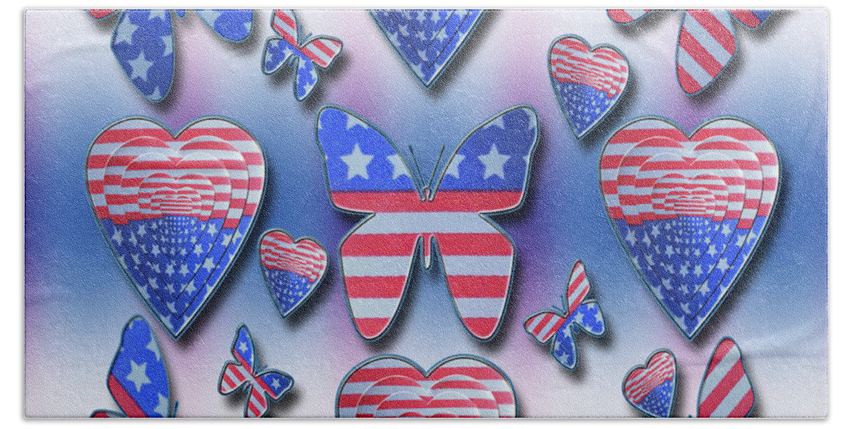 Patriotic Beach Towel featuring the photograph Patriotic Butterflies Hearts by Rockin Docks