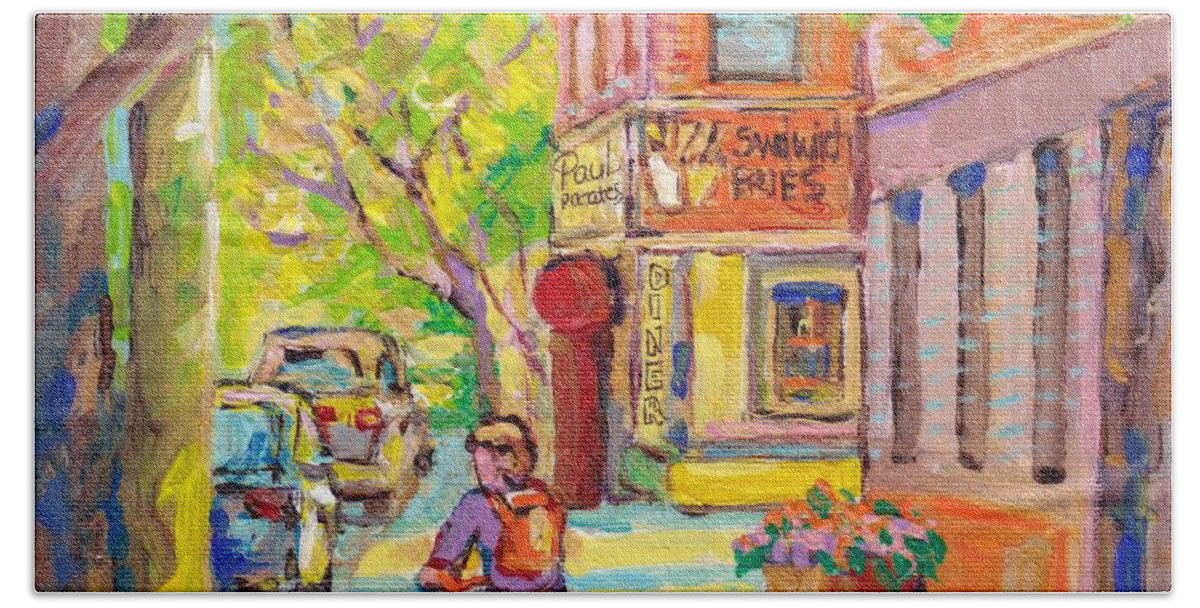  Beach Towel featuring the painting Paul Patate Diner Rue Coleraine And Charlevoix Pointe St Charles Montreal Paintings C Spandau Artist by Carole Spandau