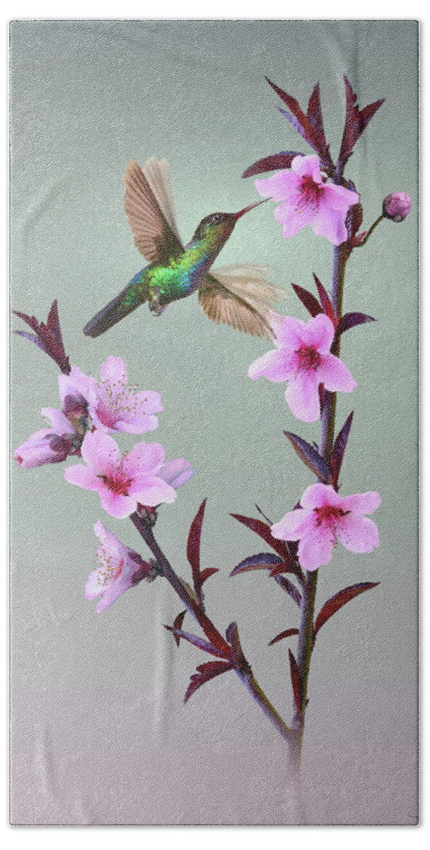 Peach Beach Towel featuring the digital art Peach Blossoms and Hummingbird by M Spadecaller