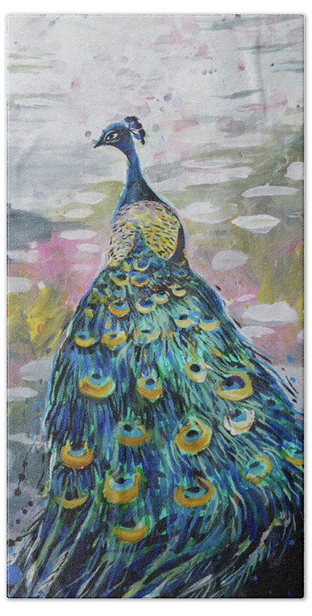 Bird Beach Towel featuring the painting Peacock in dappled light by Tilly Strauss