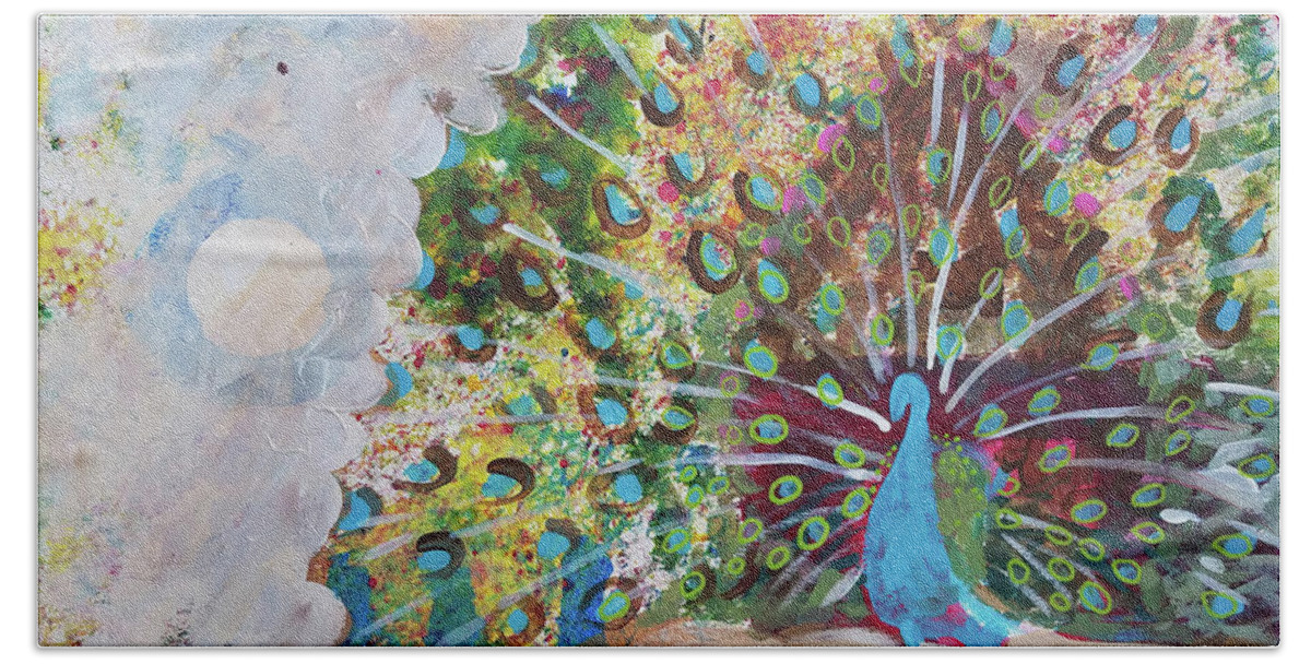 Peacock Beach Sheet featuring the painting Peacock in Morning Mist by Tilly Strauss