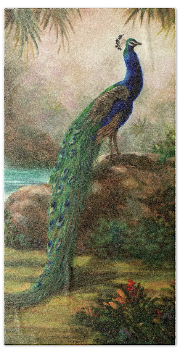 Peacock Beach Towel featuring the painting A Peacocks Paradise by Lynne Pittard