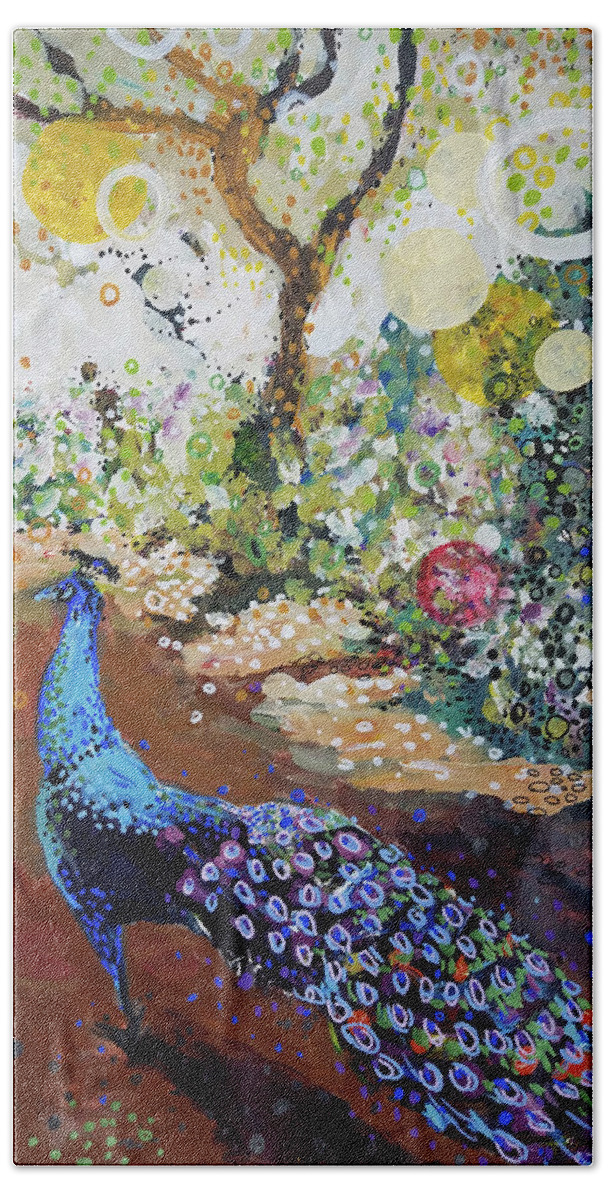 Bird Beach Sheet featuring the painting Peacock on path by Tilly Strauss