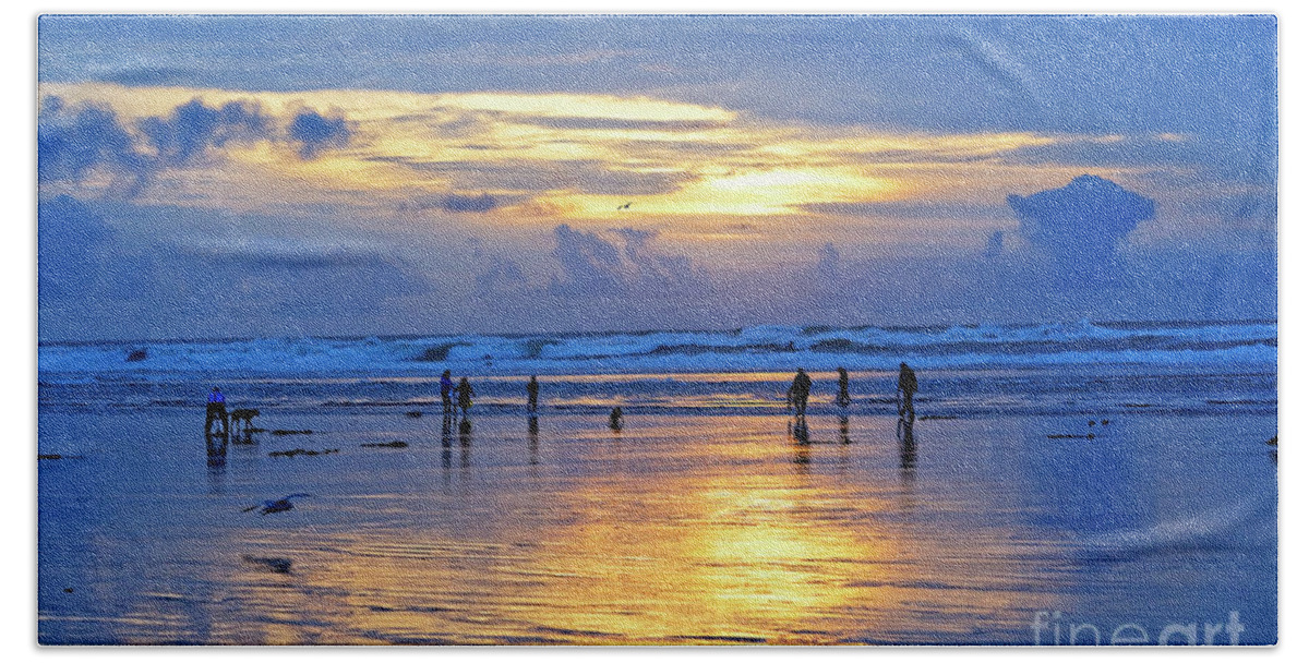 People Beach Towel featuring the photograph people recreation fun dog digging razor clams low tide ocean beach radiant blue gold sunset USA by Robert C Paulson Jr