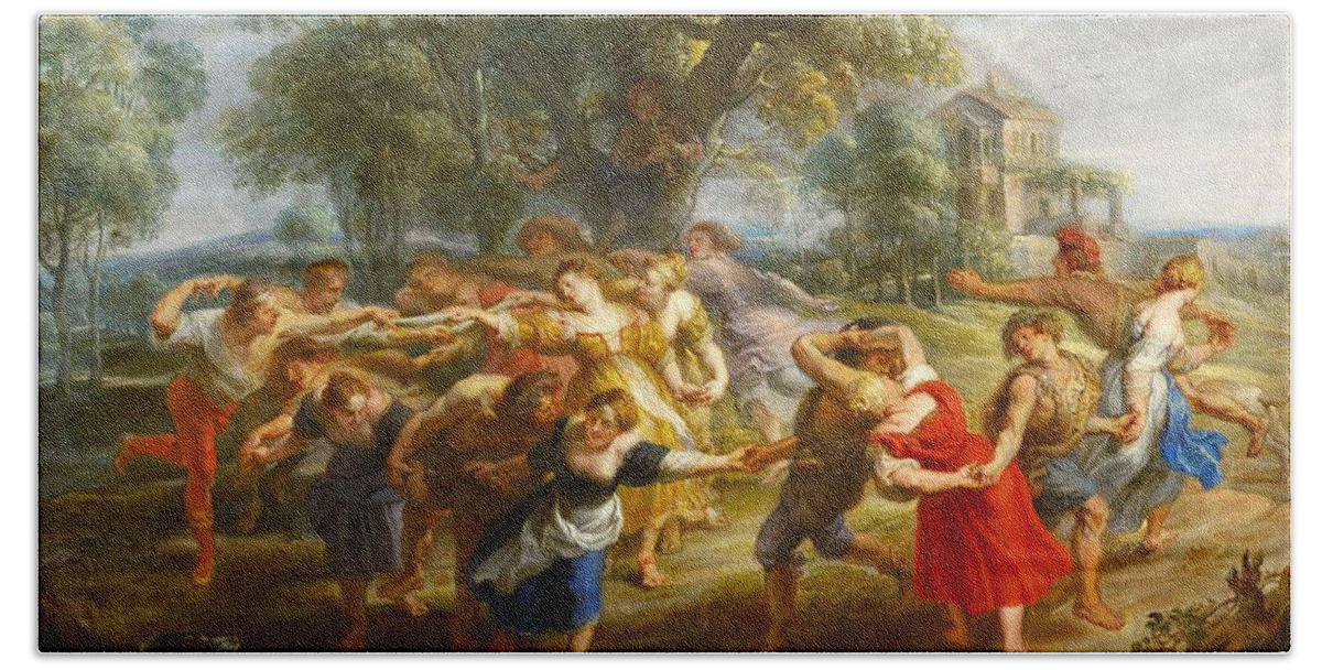 Bacchus Beach Towel featuring the painting Peter Paul Rubens / 'Peasant Dance', 1630-1635, Oil on panel, 73 x 106 cm, P01691. BACCHUS. by Peter Paul Rubens -1577-1640-