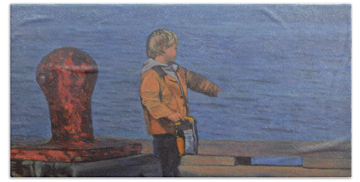 Piermont Pier Beach Towel featuring the painting Piermont Pier Boy by Beth Riso