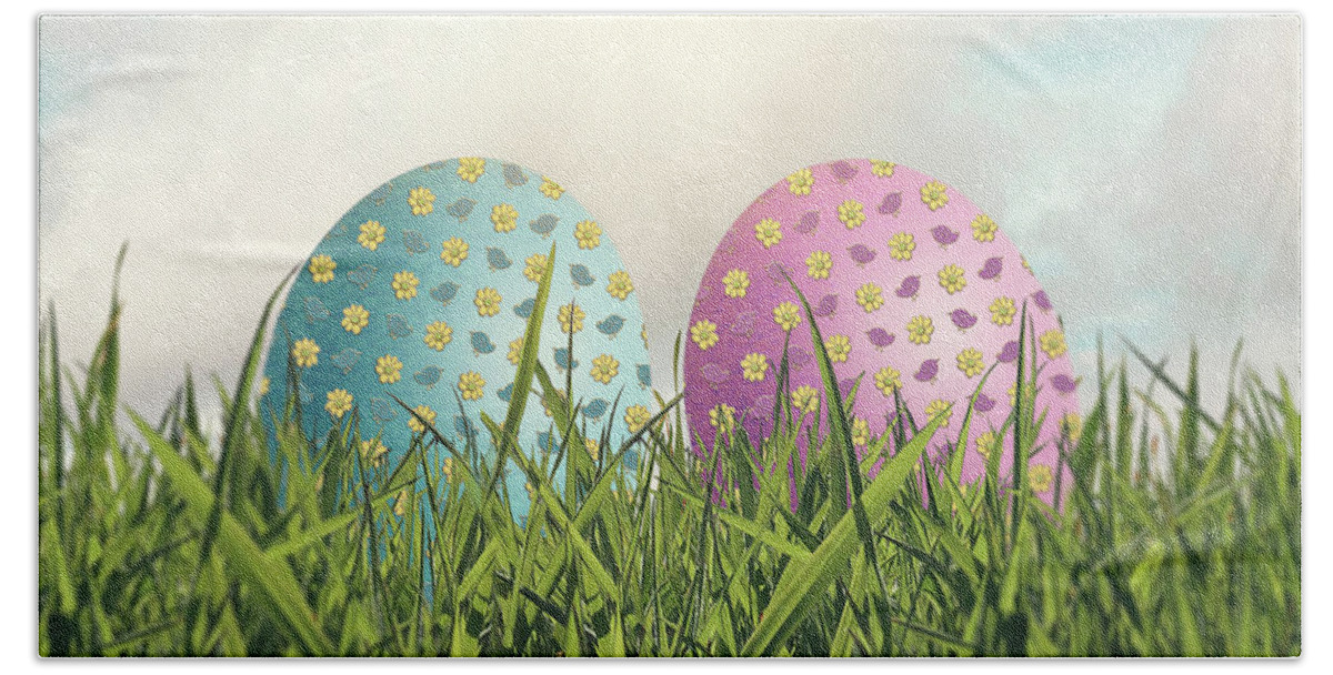 Easter Beach Sheet featuring the photograph Pink And Blue Floral Easter Eggs On A Bed Of Grass by Ethiriel Photography