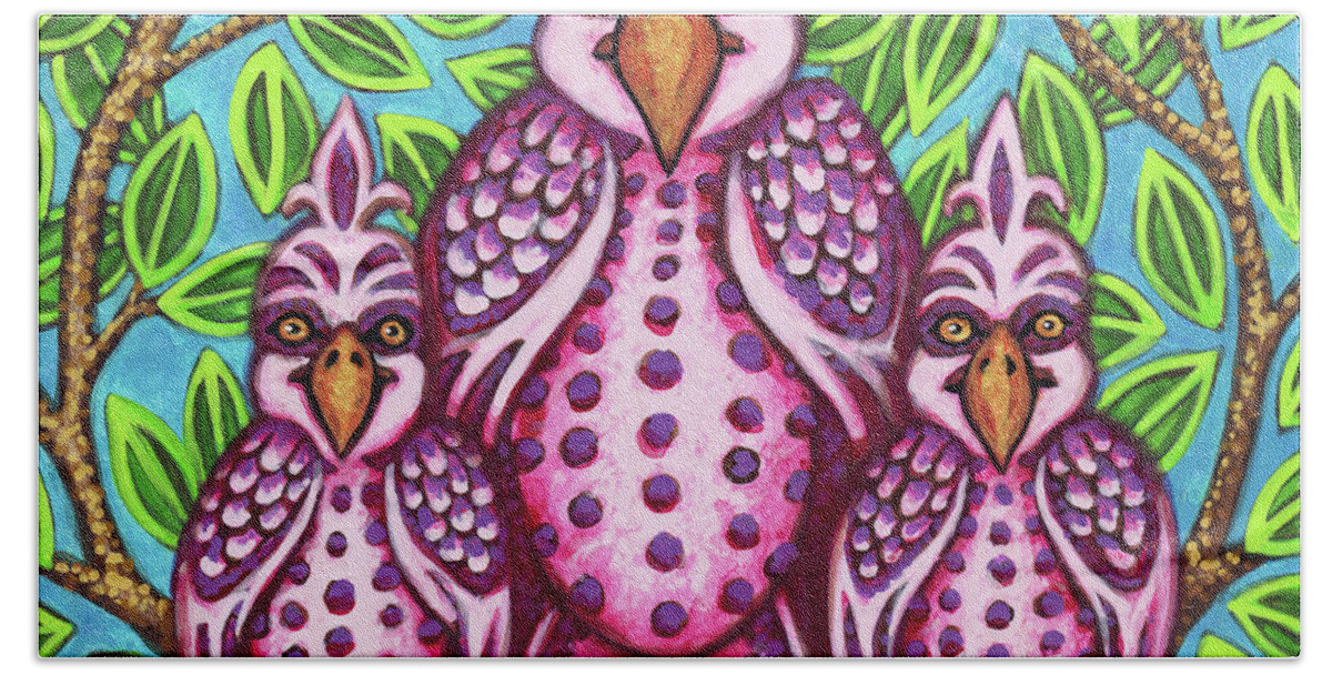Animal Portrait Beach Towel featuring the painting Pink Bird Trio by Amy E Fraser