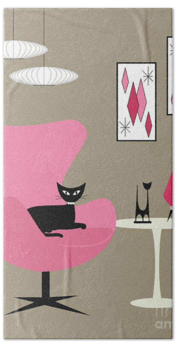 Mid Century Modern Beach Towel featuring the digital art Pink Egg Chair with Cats by Donna Mibus