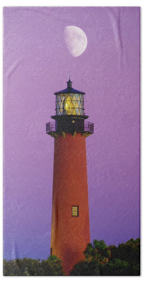 Jupiter Lighthouse Beach Towel featuring the photograph Pink Moon at Jupiter Lighthouse Captain Kimo Style by Kim Seng