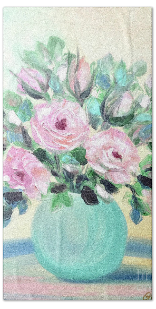 Rose Beach Towel featuring the painting Pink Roses by Gina De Gorna