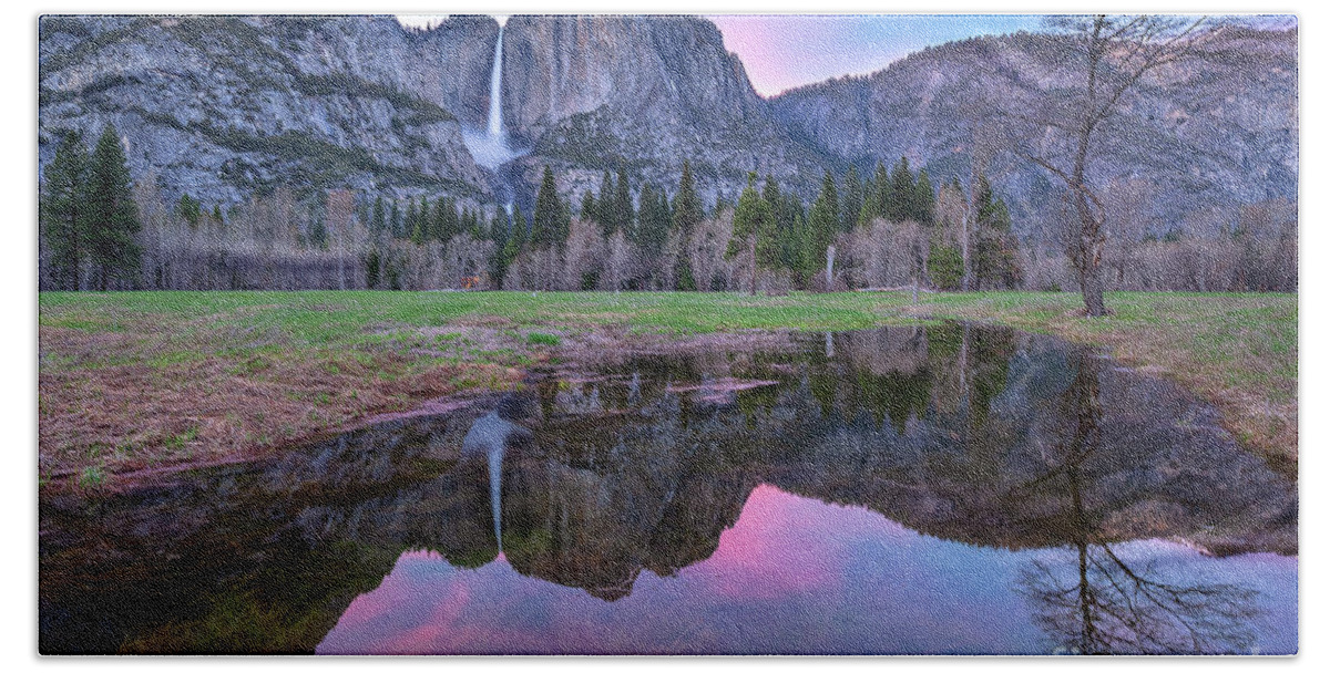 Yosemite Beach Sheet featuring the photograph Pink Sky and Reflections Over Yosemite by Mimi Ditchie