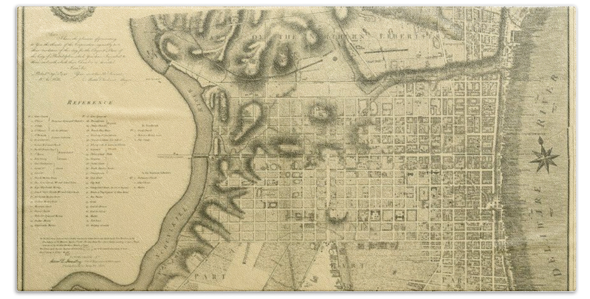 Philadelphia Beach Towel featuring the mixed media Plan of the City of Philadelphia and Its Environs shewing the improved parts, 1796 by John Hills