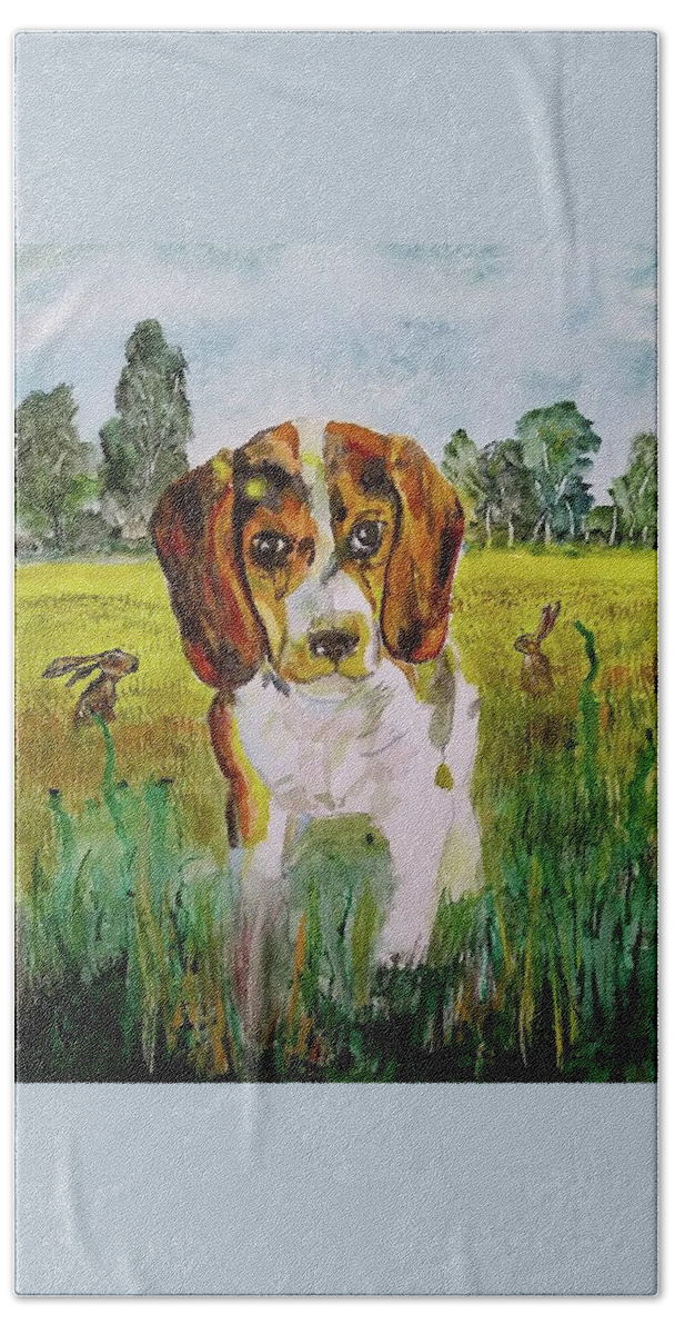 Beagle Beach Towel featuring the painting Playmates by Mike Benton