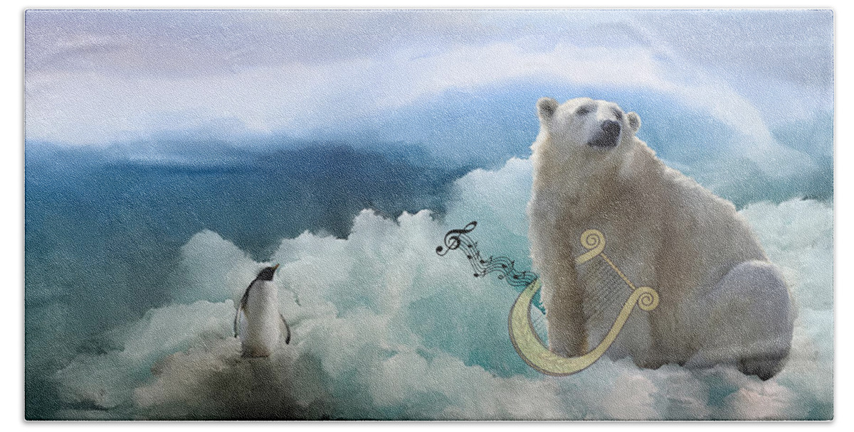 Polar Bears Beach Towel featuring the mixed media Polar Bears Play the Lyre by Colleen Taylor